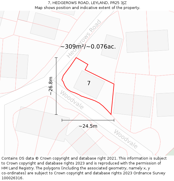 7, HEDGEROWS ROAD, LEYLAND, PR25 3JZ: Plot and title map