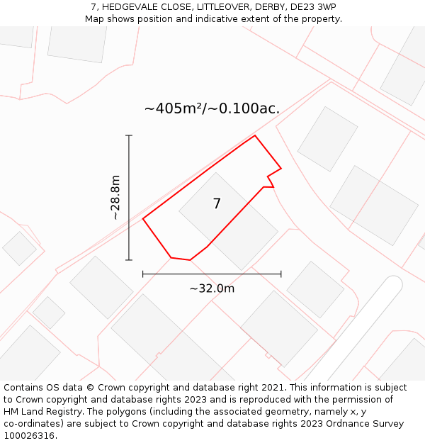 7, HEDGEVALE CLOSE, LITTLEOVER, DERBY, DE23 3WP: Plot and title map