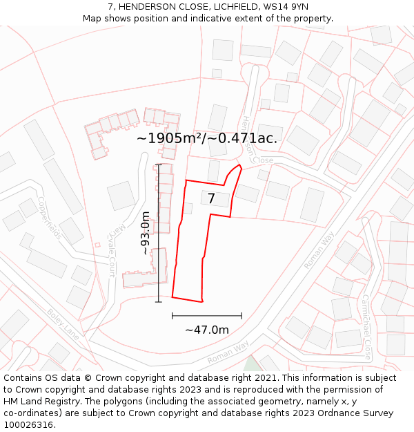 7, HENDERSON CLOSE, LICHFIELD, WS14 9YN: Plot and title map