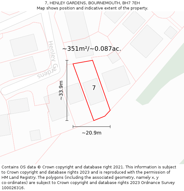 7, HENLEY GARDENS, BOURNEMOUTH, BH7 7EH: Plot and title map