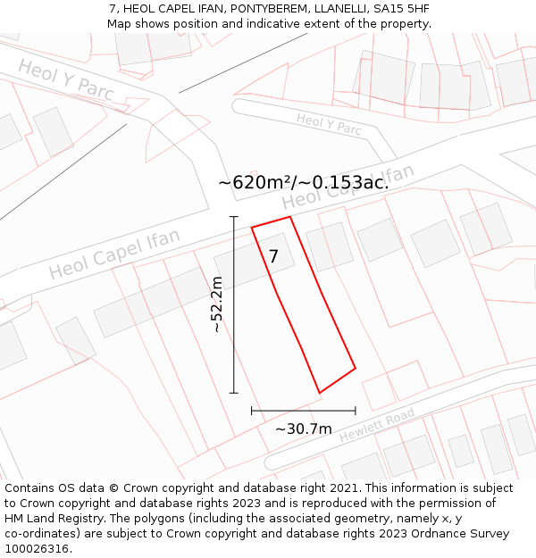 7, HEOL CAPEL IFAN, PONTYBEREM, LLANELLI, SA15 5HF: Plot and title map