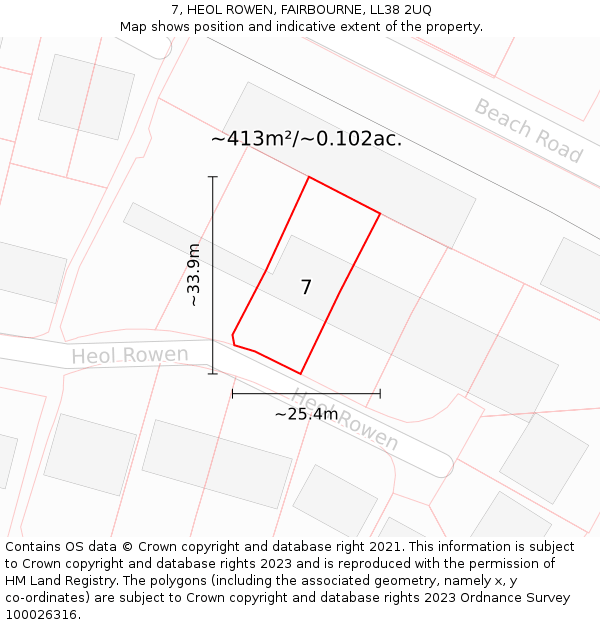 7, HEOL ROWEN, FAIRBOURNE, LL38 2UQ: Plot and title map