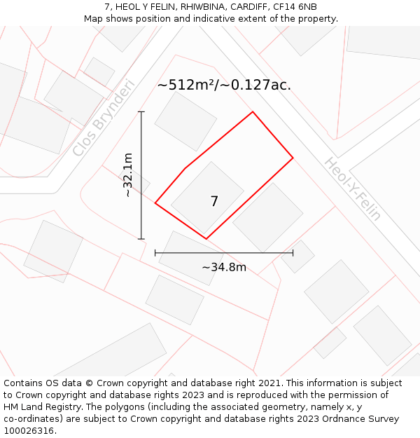 7, HEOL Y FELIN, RHIWBINA, CARDIFF, CF14 6NB: Plot and title map