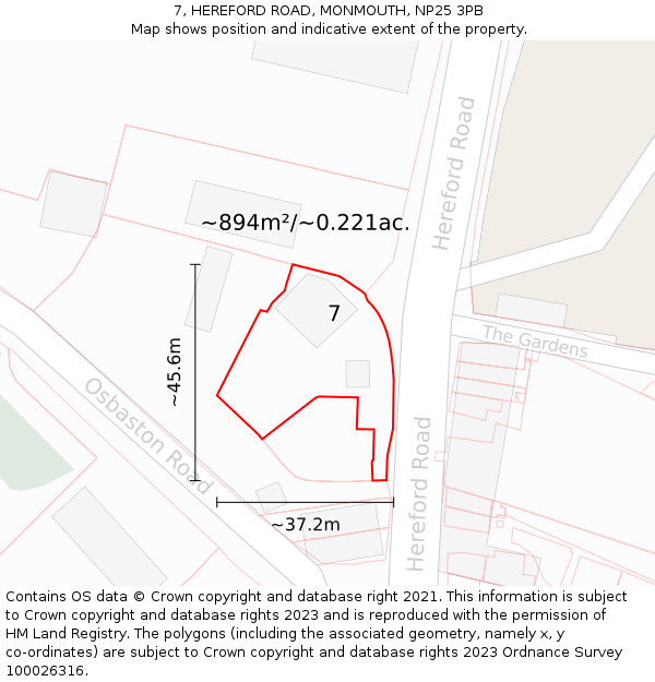 7, HEREFORD ROAD, MONMOUTH, NP25 3PB: Plot and title map