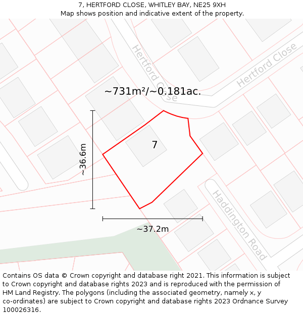 7, HERTFORD CLOSE, WHITLEY BAY, NE25 9XH: Plot and title map