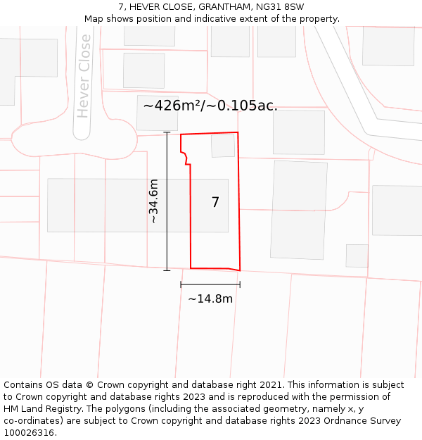 7, HEVER CLOSE, GRANTHAM, NG31 8SW: Plot and title map