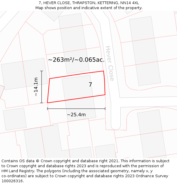 7, HEVER CLOSE, THRAPSTON, KETTERING, NN14 4XL: Plot and title map