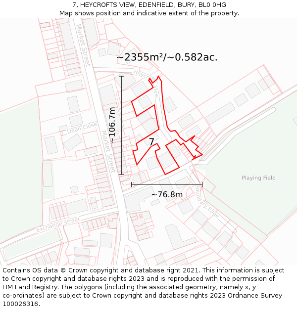 7, HEYCROFTS VIEW, EDENFIELD, BURY, BL0 0HG: Plot and title map