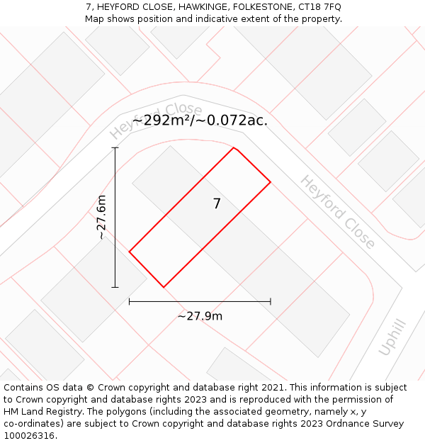 7, HEYFORD CLOSE, HAWKINGE, FOLKESTONE, CT18 7FQ: Plot and title map