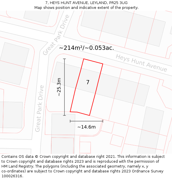 7, HEYS HUNT AVENUE, LEYLAND, PR25 3UG: Plot and title map