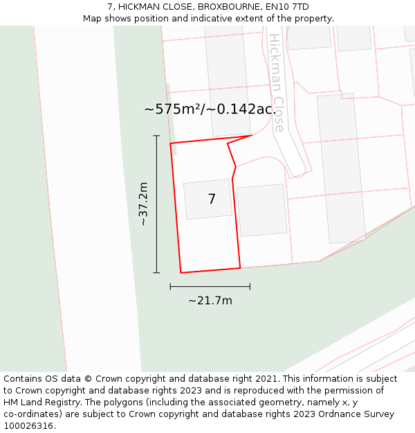 7, HICKMAN CLOSE, BROXBOURNE, EN10 7TD: Plot and title map