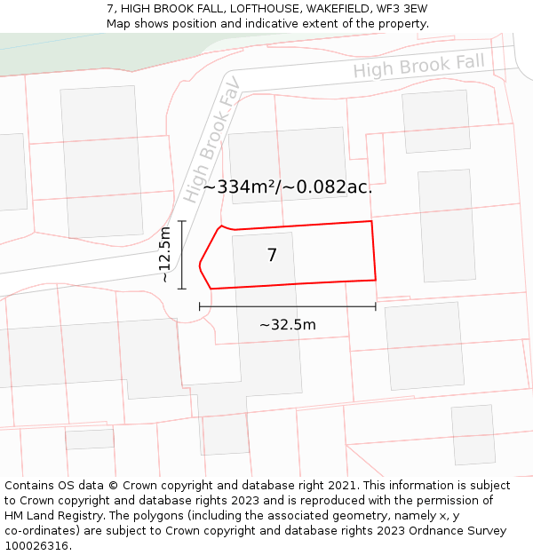 7, HIGH BROOK FALL, LOFTHOUSE, WAKEFIELD, WF3 3EW: Plot and title map