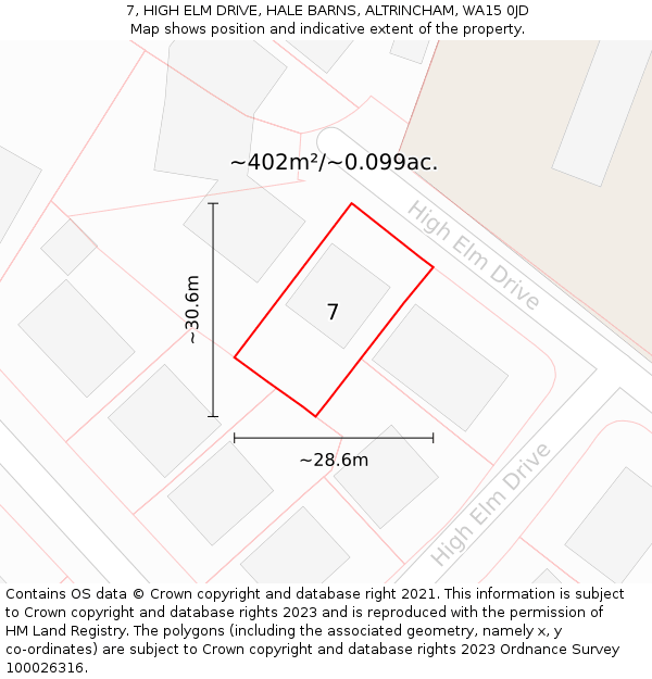 7, HIGH ELM DRIVE, HALE BARNS, ALTRINCHAM, WA15 0JD: Plot and title map