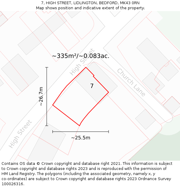 7, HIGH STREET, LIDLINGTON, BEDFORD, MK43 0RN: Plot and title map