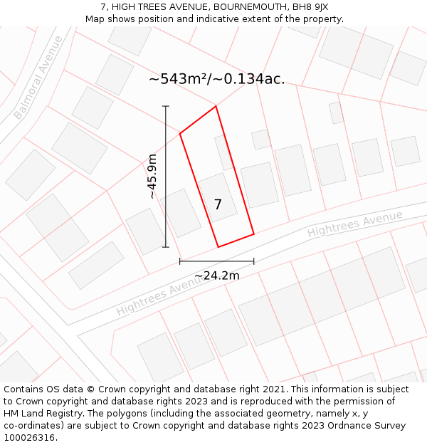 7, HIGH TREES AVENUE, BOURNEMOUTH, BH8 9JX: Plot and title map