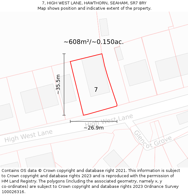 7, HIGH WEST LANE, HAWTHORN, SEAHAM, SR7 8RY: Plot and title map