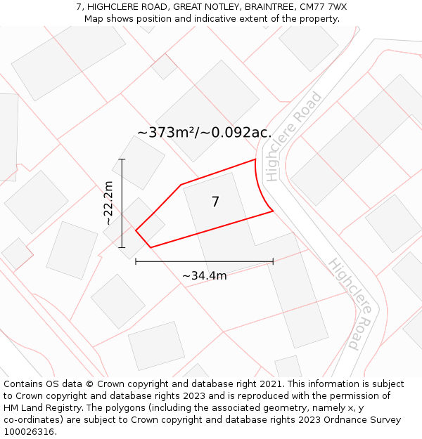 7, HIGHCLERE ROAD, GREAT NOTLEY, BRAINTREE, CM77 7WX: Plot and title map