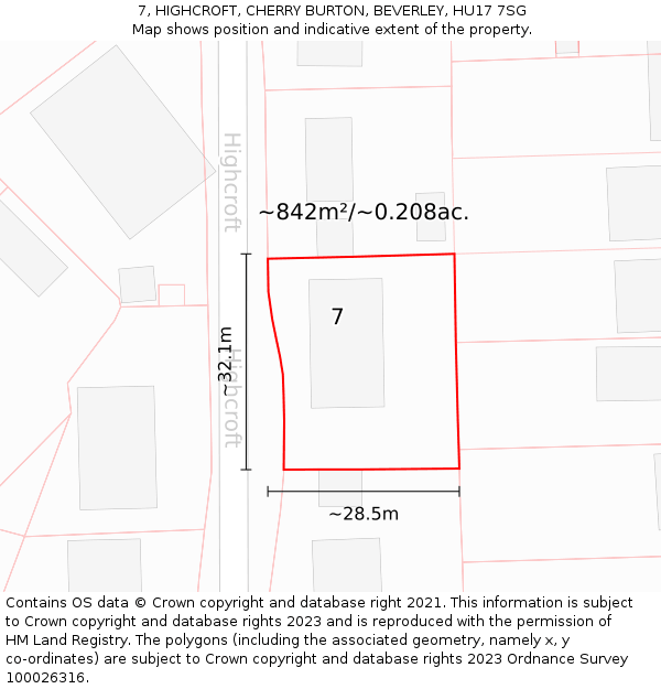 7, HIGHCROFT, CHERRY BURTON, BEVERLEY, HU17 7SG: Plot and title map