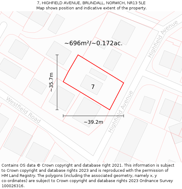 7, HIGHFIELD AVENUE, BRUNDALL, NORWICH, NR13 5LE: Plot and title map
