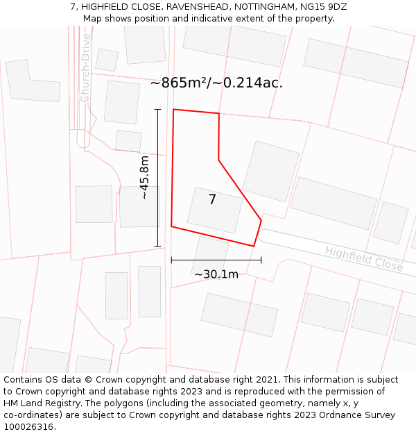 7, HIGHFIELD CLOSE, RAVENSHEAD, NOTTINGHAM, NG15 9DZ: Plot and title map
