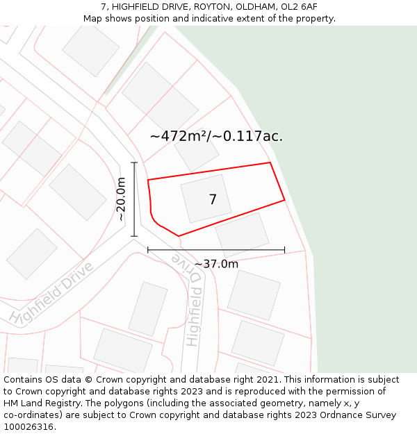 7, HIGHFIELD DRIVE, ROYTON, OLDHAM, OL2 6AF: Plot and title map