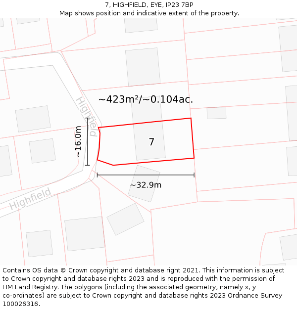 7, HIGHFIELD, EYE, IP23 7BP: Plot and title map
