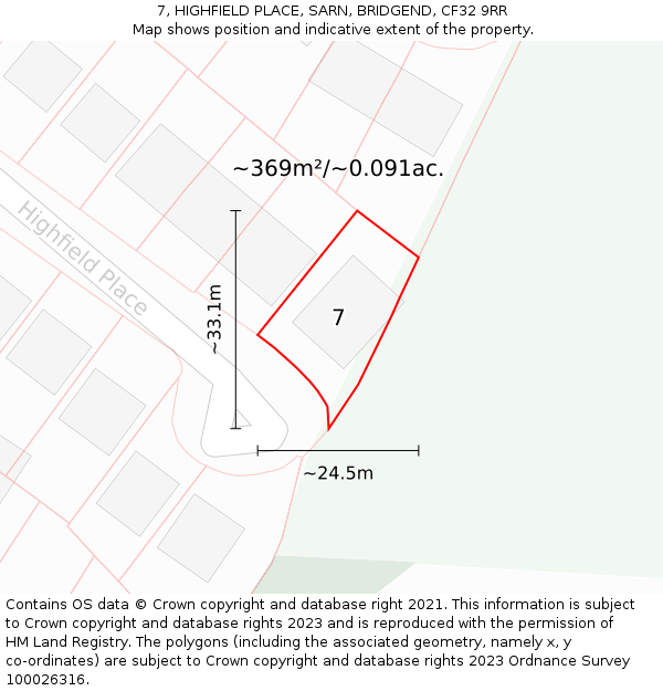 7, HIGHFIELD PLACE, SARN, BRIDGEND, CF32 9RR: Plot and title map