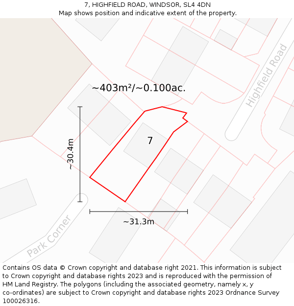 7, HIGHFIELD ROAD, WINDSOR, SL4 4DN: Plot and title map