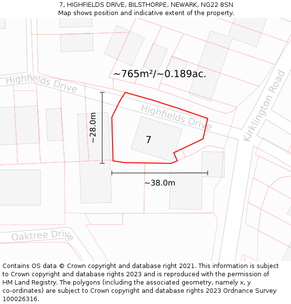 7, HIGHFIELDS DRIVE, BILSTHORPE, NEWARK, NG22 8SN: Plot and title map