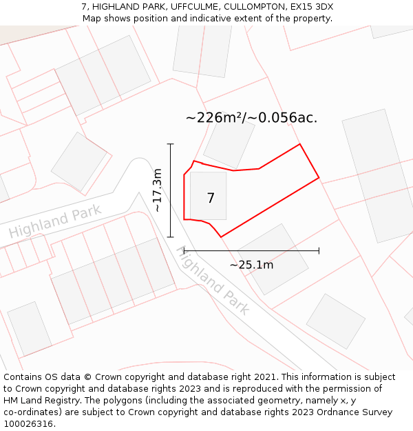 7, HIGHLAND PARK, UFFCULME, CULLOMPTON, EX15 3DX: Plot and title map