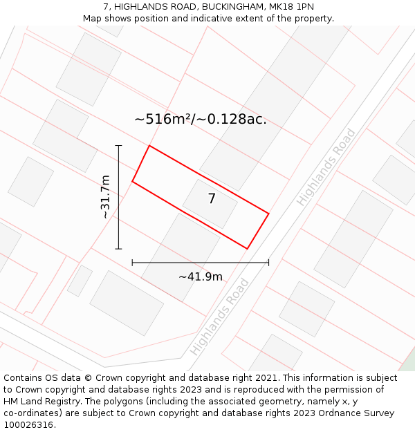 7, HIGHLANDS ROAD, BUCKINGHAM, MK18 1PN: Plot and title map