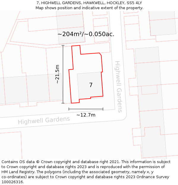 7, HIGHWELL GARDENS, HAWKWELL, HOCKLEY, SS5 4LY: Plot and title map