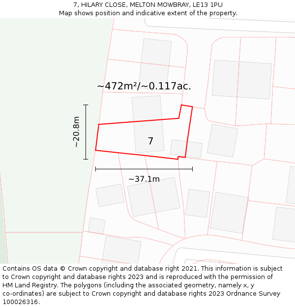 7, HILARY CLOSE, MELTON MOWBRAY, LE13 1PU: Plot and title map