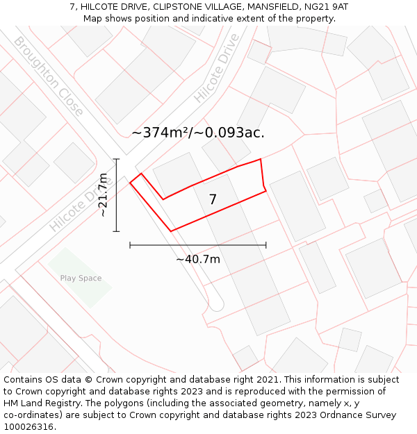 7, HILCOTE DRIVE, CLIPSTONE VILLAGE, MANSFIELD, NG21 9AT: Plot and title map