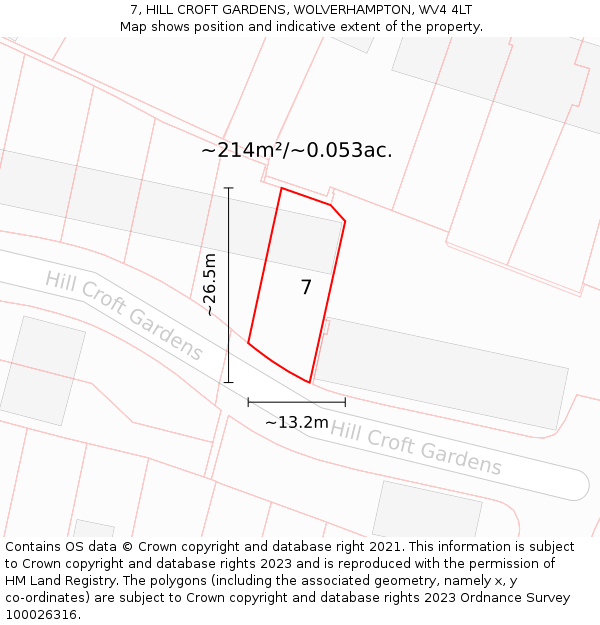 7, HILL CROFT GARDENS, WOLVERHAMPTON, WV4 4LT: Plot and title map