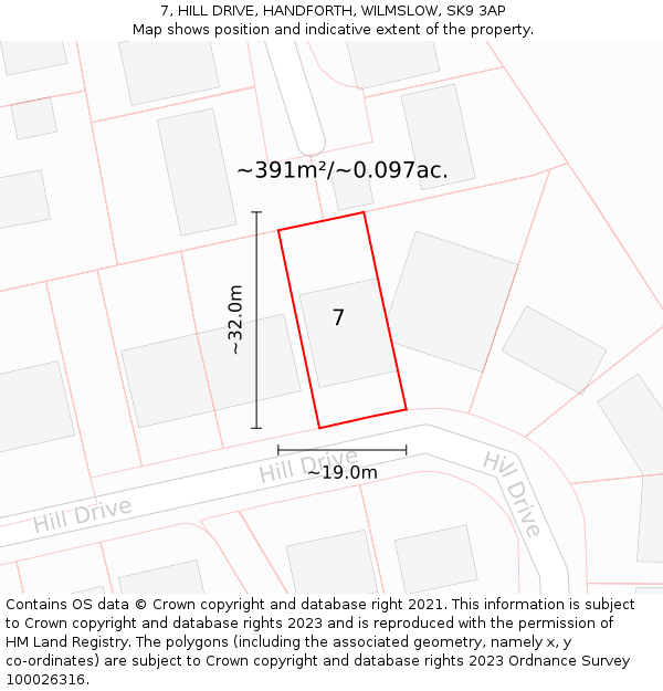 7, HILL DRIVE, HANDFORTH, WILMSLOW, SK9 3AP: Plot and title map