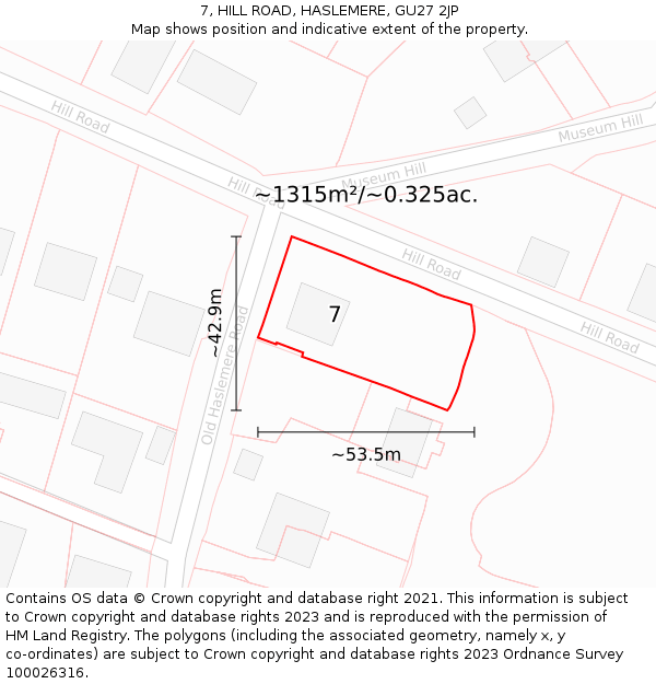 7, HILL ROAD, HASLEMERE, GU27 2JP: Plot and title map