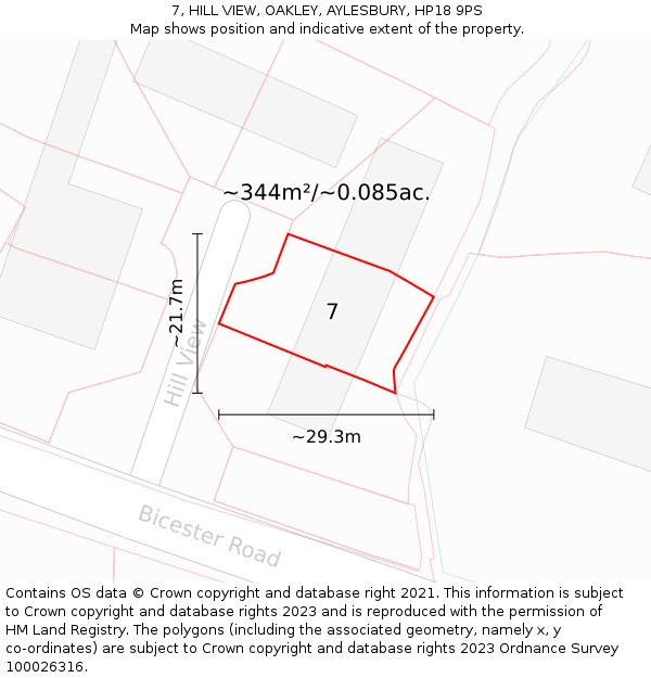 7, HILL VIEW, OAKLEY, AYLESBURY, HP18 9PS: Plot and title map