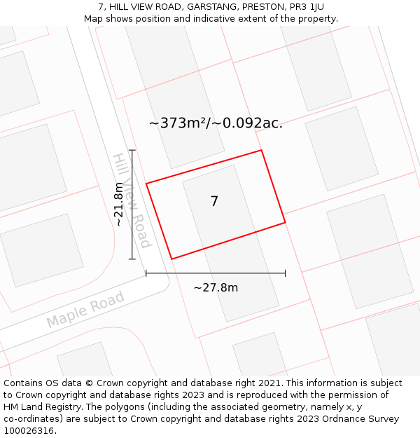 7, HILL VIEW ROAD, GARSTANG, PRESTON, PR3 1JU: Plot and title map