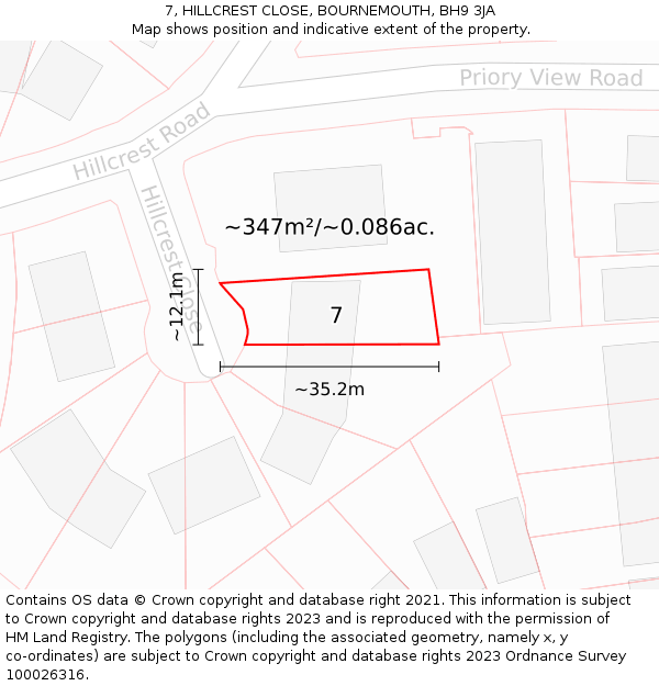 7, HILLCREST CLOSE, BOURNEMOUTH, BH9 3JA: Plot and title map
