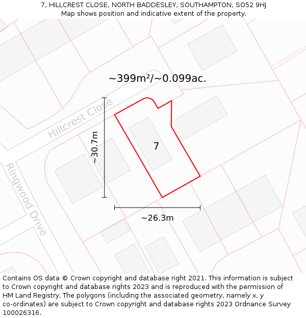 7, HILLCREST CLOSE, NORTH BADDESLEY, SOUTHAMPTON, SO52 9HJ: Plot and title map