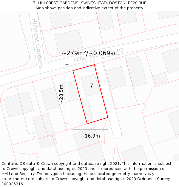 7, HILLCREST GARDENS, SWINESHEAD, BOSTON, PE20 3UE: Plot and title map