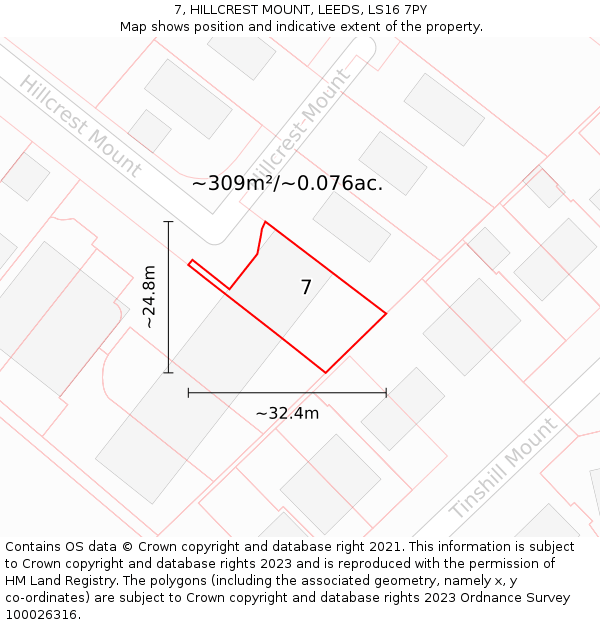 7, HILLCREST MOUNT, LEEDS, LS16 7PY: Plot and title map