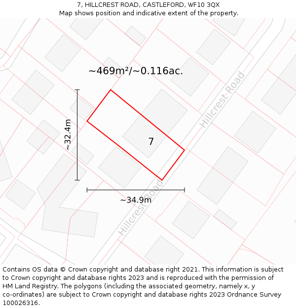 7, HILLCREST ROAD, CASTLEFORD, WF10 3QX: Plot and title map