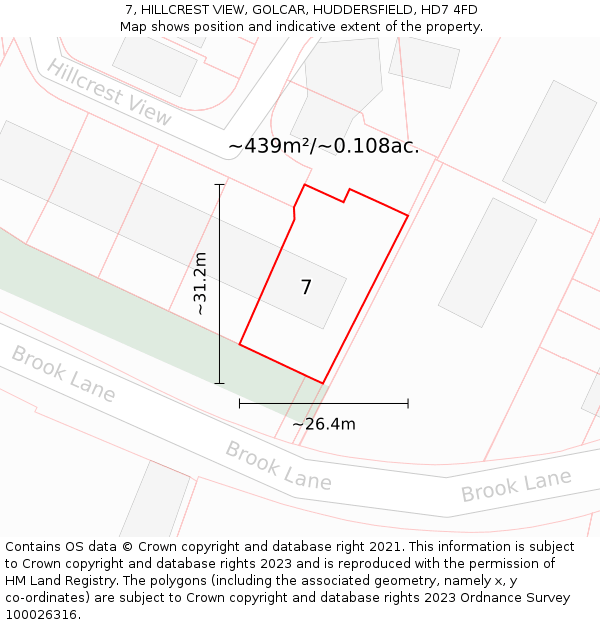 7, HILLCREST VIEW, GOLCAR, HUDDERSFIELD, HD7 4FD: Plot and title map