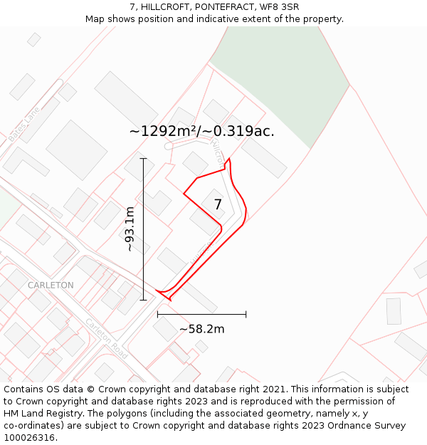 7, HILLCROFT, PONTEFRACT, WF8 3SR: Plot and title map