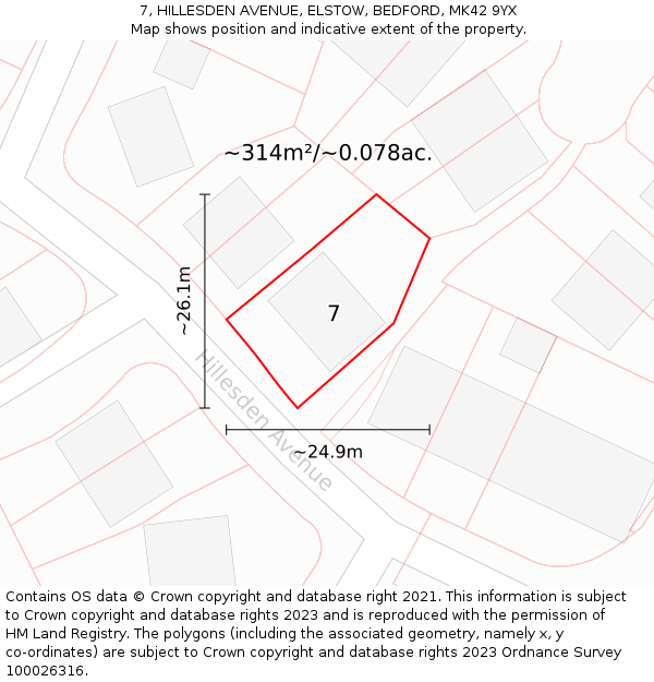 7, HILLESDEN AVENUE, ELSTOW, BEDFORD, MK42 9YX: Plot and title map