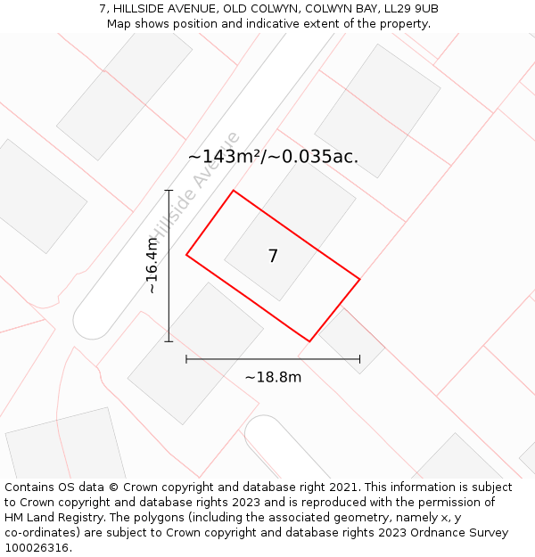 7, HILLSIDE AVENUE, OLD COLWYN, COLWYN BAY, LL29 9UB: Plot and title map