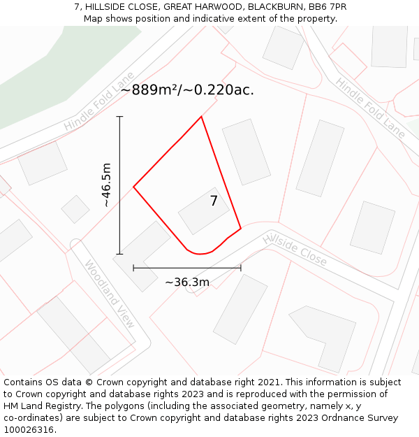 7, HILLSIDE CLOSE, GREAT HARWOOD, BLACKBURN, BB6 7PR: Plot and title map