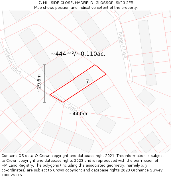 7, HILLSIDE CLOSE, HADFIELD, GLOSSOP, SK13 2EB: Plot and title map